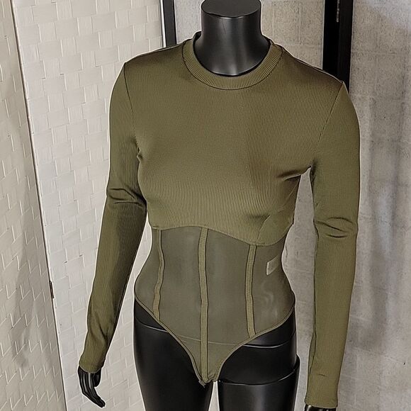 BRAND NEW LONG SLEEVES MESH INSERT HIGH NECK SOLID SHEER THONG SNAP BODYSUIT - Picture 12 of 15